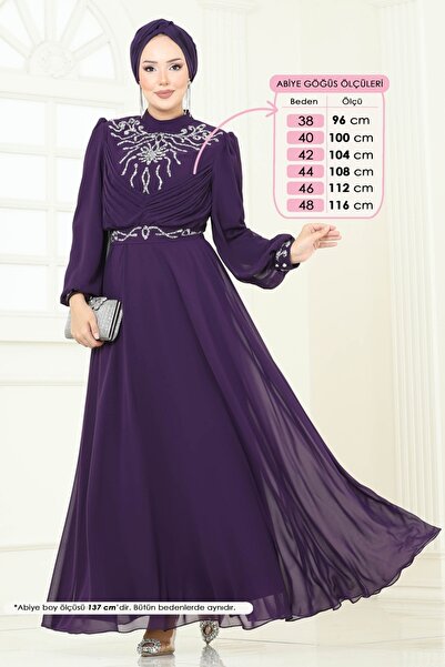 ModaMerve Taşlı Şifon Abiye 8010AB368-MS Mor