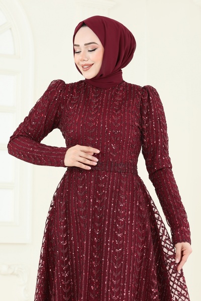ModaMerve Simli Tül Tesettür Abiye 5688EDF311-MS Bordo