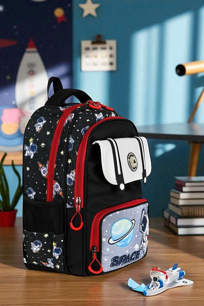 Shopiolog Primary School Orthopedic Waterproof 3 Compartment Primary School Boy's Backpack with Water Bottle
