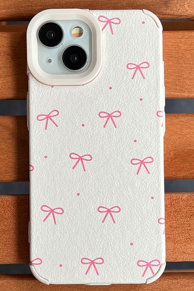 EDELFU iPhone 15 - Bow Pattern Cream Case - Soft Silicone, Embossed Leather Texture Cover