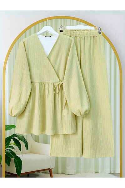 Modamorfo Tunic with Tie Inside and Wide Leg Trousers Set - Fat Green