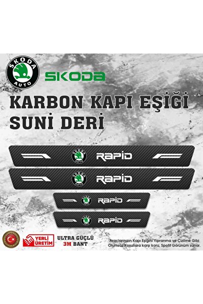 ototime Skoda Rapid Uyumlu Deri Karbon Kapı Eşiği Koruyucu Bant 4 adet