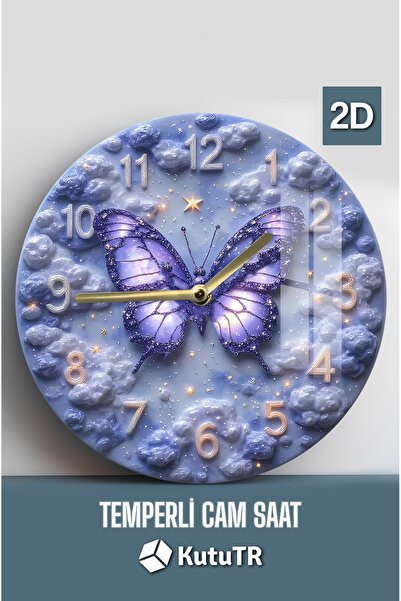 kutuTR Mor Kelebek Temalı Temperli Cam Saat – 33x33 cm CSDW009