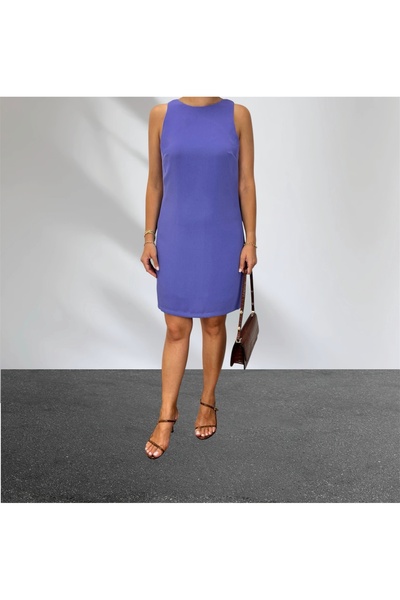ABAS İndigo Mavi Halter Yaka Kolsuz Krep Kumaş Astarlı Kısa Elbise