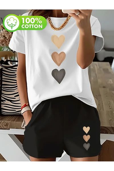 AEMİ Women's Heart Printed Oversize T-Shirt Shorts Set