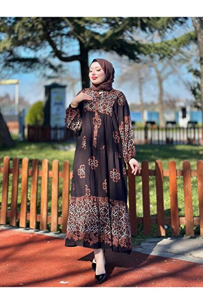 Moda Makkon KADIN LEOPAR DESEN DÜZ RENK TESETTÜR ELBİSE