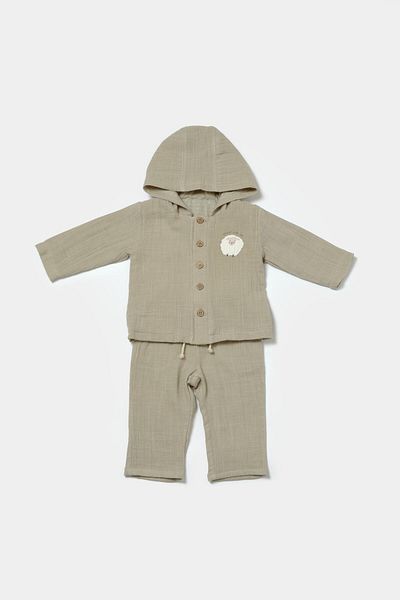 Magu Unisex Baby Cotton Green Muslin Hooded Jacket and Pants Set – Sheep Embroidery Detail