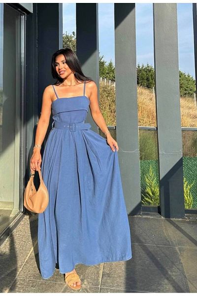 Ecenin Favorileri Rochie albastră din țesătură modal cu curea
