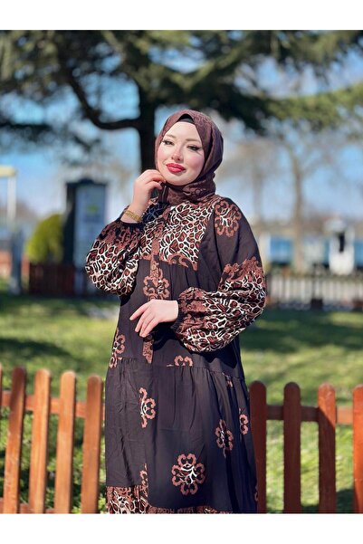 Moda Makkon KADIN LEOPAR DESEN DÜZ RENK TESETTÜR ELBİSE