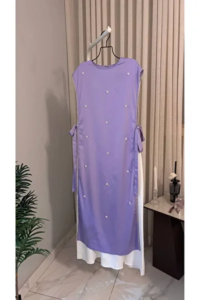 leevan fashion White sleeveless dress set with lilac embroidered caftan