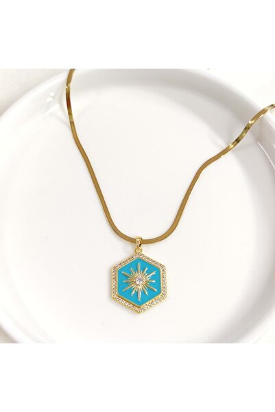 Güler Yüzlü Silver قلادة سداسية من الفولاذ الفيروزي 40+5 سم