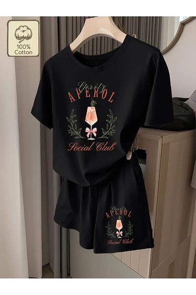 AEMİ Women's Aperol Social Club Printed Oversize T-Shirt Shorts Set