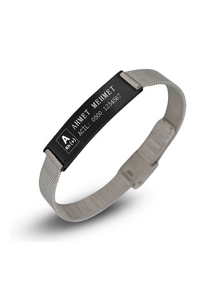 Bd Black Steel Bracelet - Bracelet with Health Information Written / Alertive Emergency First Aid Bracelet