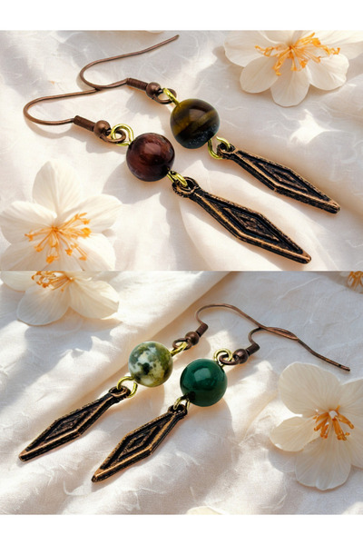 ayrestyle Tiger Eye & Indian Agate Natural Stone 2-Piece Earring Set with Dan...