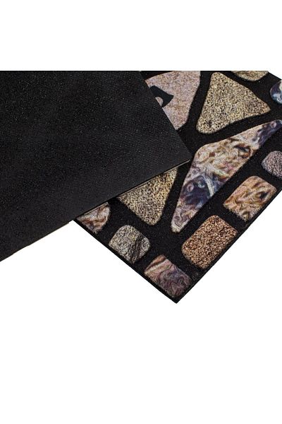 TOPI TOY Entrance doormat, black with multicolor stone print and Welcome message, 90×24 cm