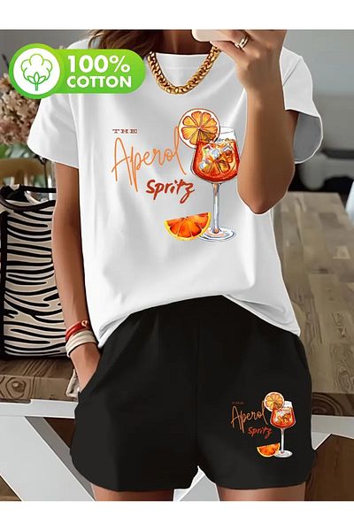 AEMİ Women's Aperol Printed Oversize T-Shirt Shorts Set