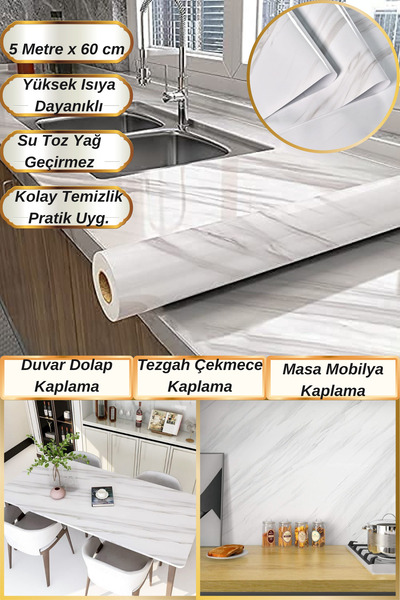 Hane Dostu 5 Metre Göz Alıcı Açık Mermer Desen Isı ve Neme Dayanıklı Yapışkan...