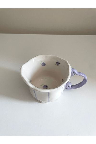 Nouis Handmade Lilac Rose Drawing - Striped Ceramic Mug