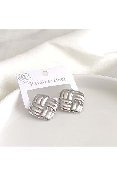 Güler Yüzlü Silver حلق كبير منقوش مربع من الفولاذ مقاس 2 سم - أبيض