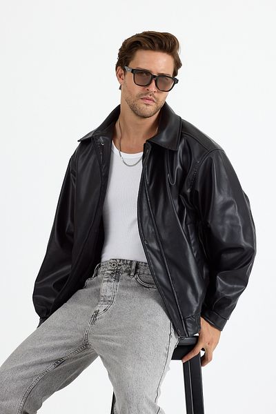 GEİO Men's Oversize Black Bomber Leather Jacket