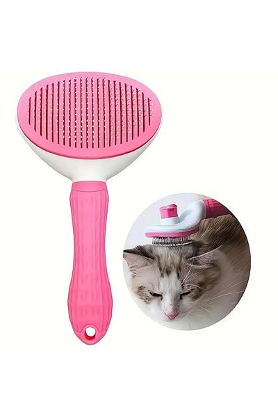 Pisicik Pink Automatic Cleaning Pet Brush with Button Cat Dog Hair Collector Comb