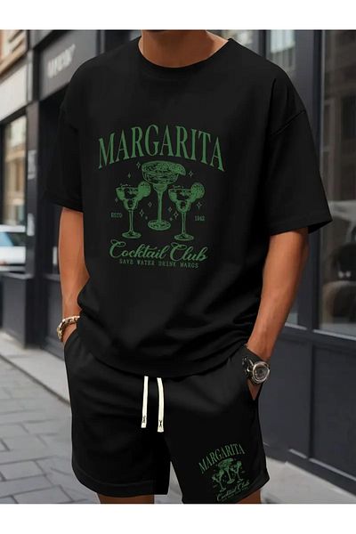 AEMİ Men's Margarita Printed Oversize T-Shirt Shorts Set