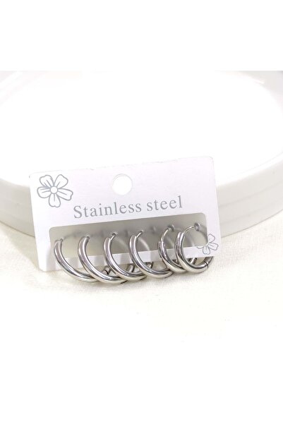 Güler Yüzlü Silver طقم أقراط دائرية من الفولاذ المقاوم للصدأ - أبيض