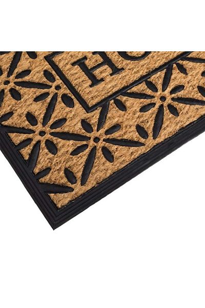 TOPI TOY Entrance mat, brown with black flower pattern and Home message, 75×45 cm