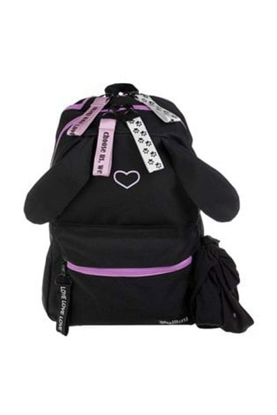 My Way Black Backpack with Rabbit Ears, Purple Heart, 5 Keychains & Black Bandana - My Way