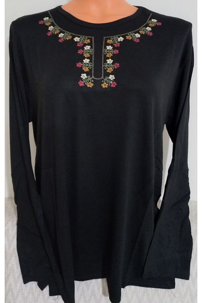 Anne Er Clothing Combed Cotton Blouse Long-Sleeve Crew Neck Embroidery Black