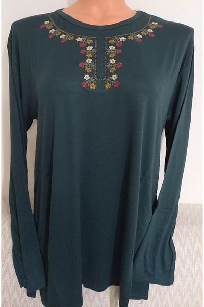 Anne Er Clothing Combed Cotton Blouse Long Sleeve Crew Neck Embroidery K.Green