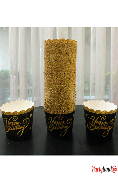 PartylandTR Happy Birthday Gold Siyah Cup Kek Kabı