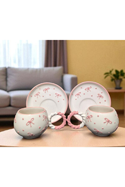 İZart Bow Patterned Special Embossed Hand Embroidered 4 Pcs 2 Person Cup Set