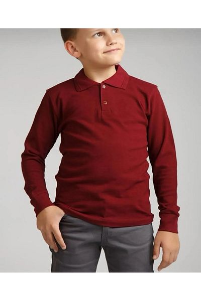 Selkar Global Long Sleeve Polo Collar School and Casual 2 Button Claret Red Children's T-Shirt - Claret Red - Selkrumf-Uxz-Pbor-Coc