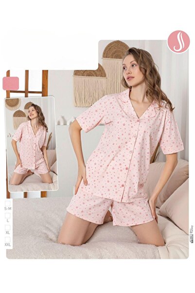 İpek Women's Short Sleeve Front Button 100% Cotton Shorts Pajamas Set