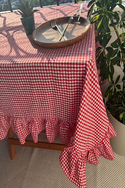 zarafet concept Organic Red Checkered Ruffle Tablecloth, Picnic Cover