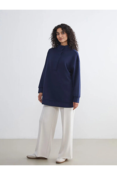 LC Waikiki LCW Modest Lacivert Dik Yaka Oversize Kadın Sweatshirt Tunik