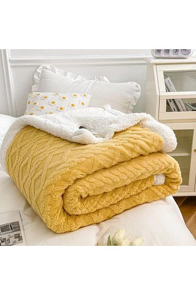 OEM Cocolino Thick Blanket + 2 Pillowcases, With Fur, 200x230cm, Knitted Type, Yellow