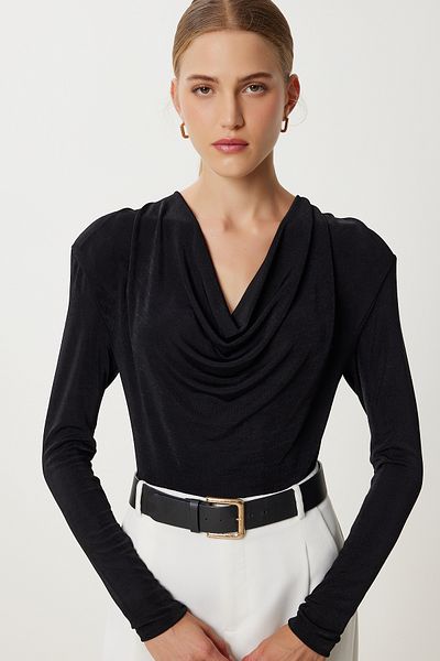 Lovelyİstanbul Padded Degaje Collar Knitted Blouse Lrc0007 Black
