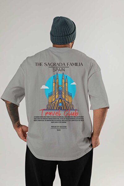 Ankhises Tricou oversize cu imprimeu pe spate Sagrada Familia Spania Bărbați Femei Tricou din bumbac cu decolteu