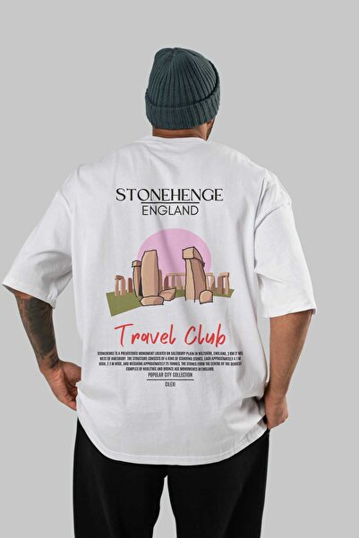 Ankhises Tricou Stonehenge Anglia cu imprimeu pe spate, alb, supradimensionat...