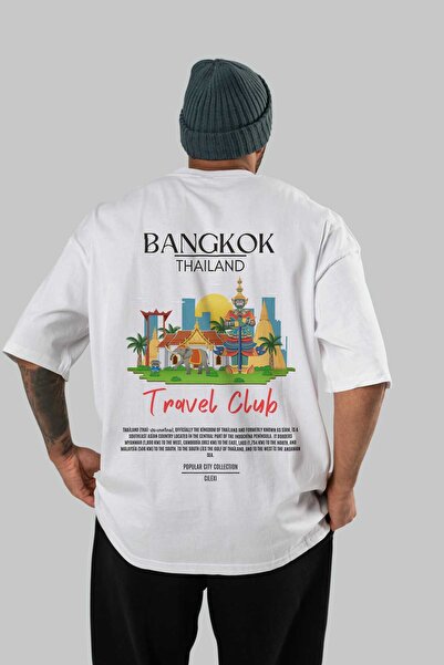 Ankhises تي شيرت بانكوك تايلاند مطبوع من الخلف كبير الحجم للرجال والنساء من القطن برقبة دائرية