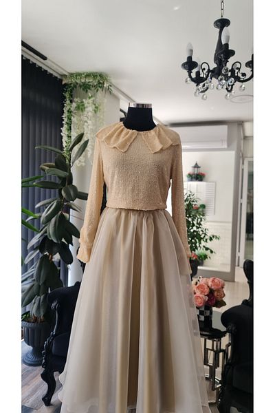 makbuleofficial Beige Color Sequin Fabric Collared Blouse, Gathered Tutu Skirt Hijab Evening Dress
