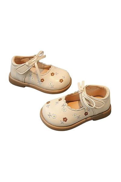 Mixbo - Girls Shoes, Velcro Strap, Embroidered Flowers, Foam Insole, Anti-Slip Sole, 22 EU, Cream