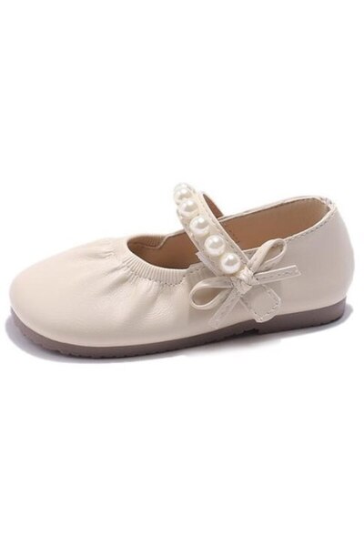 Mixbo - Girls' Ballet Flats, Velcro Strap with Pearls and Bow, Foam Insole, Non-Slip Sole, Size 31 E