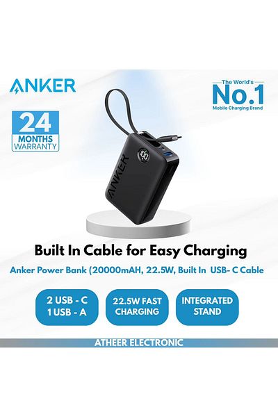 Anker 20,000mAh Power Bank, Built-in USB-C Cable