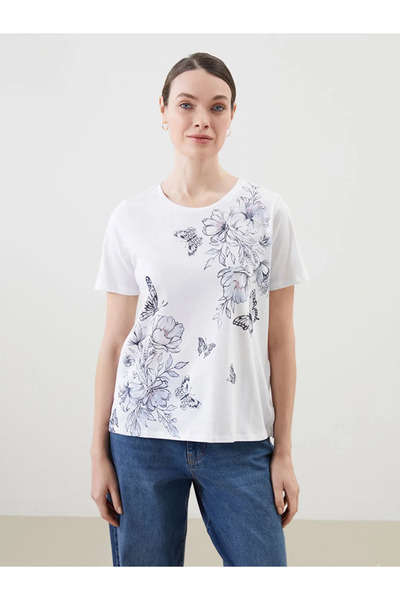 LC Waikiki تي شيرت LCW Grace White Crew Neck للسيدات مزين بالزهور
