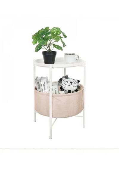 Generic Sofa Side Table, Round Metal Table with a Removable Tray and Fabric Storage Basket