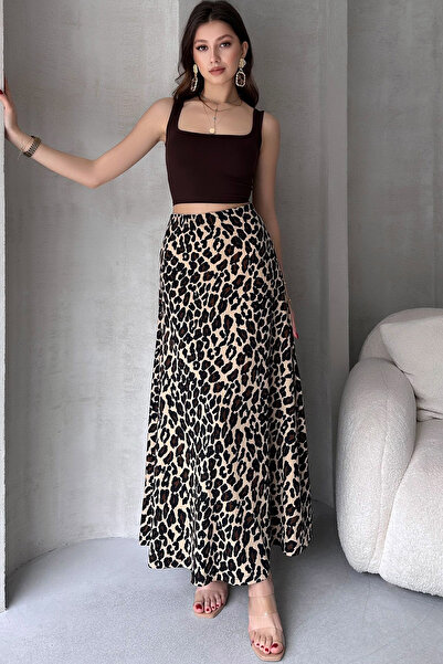 MissThetis Lastikli Yüksel Belli Leopar Desenli Astarsız Şık ve Cool Esnek Uz...