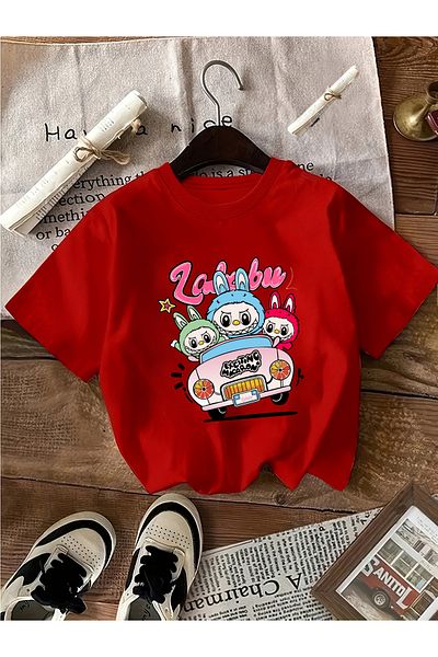 Let's Wear Labubu Car Printed Crew Neck Tshirt for Girls